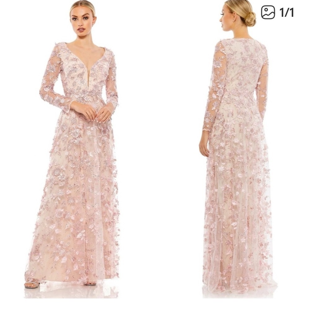 Mac Duggal Dress Blush Floral Long Sleeve Gown Appliqu Illusion Nwt Size 12